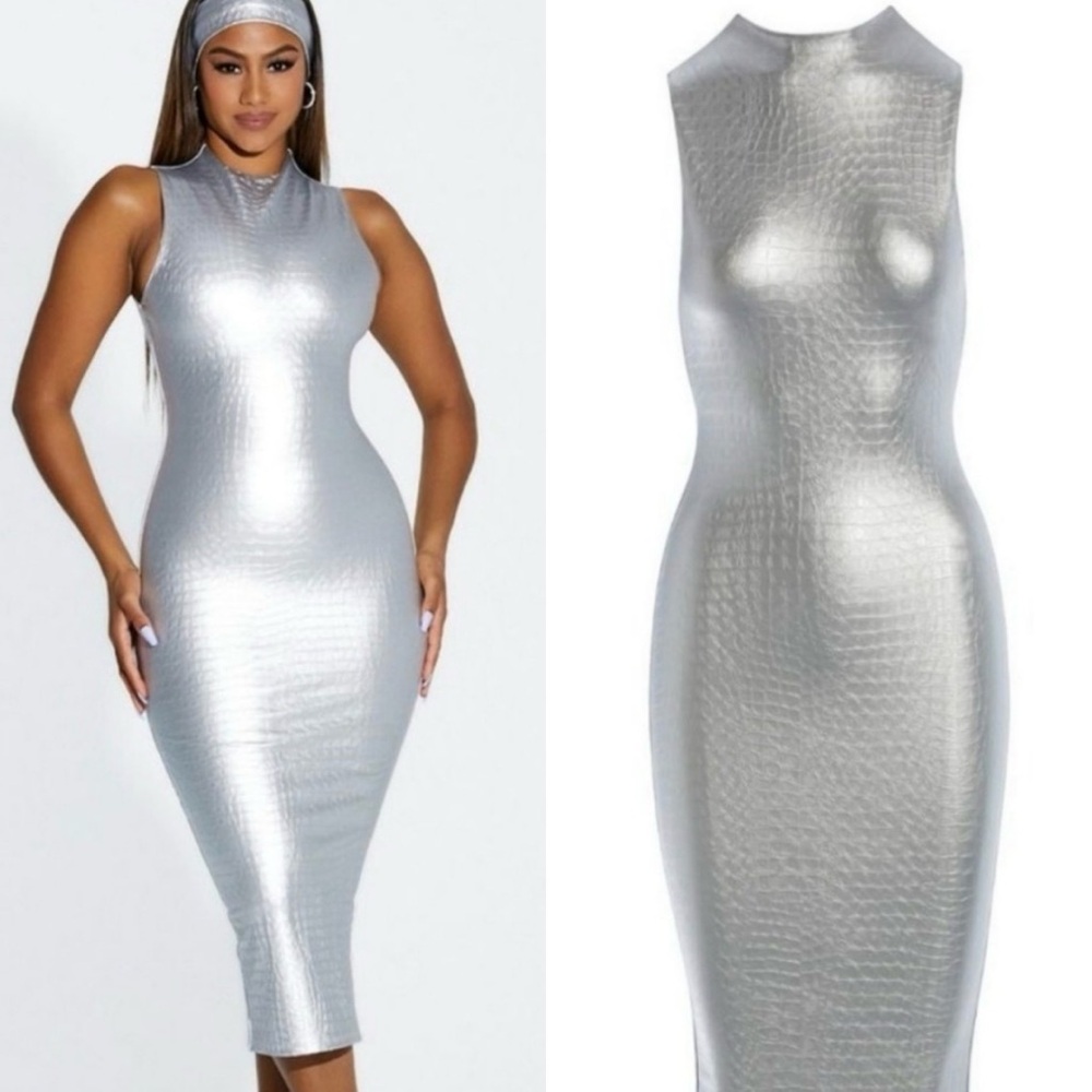 New Metallic Silver Sleeveless Bodycon Dress